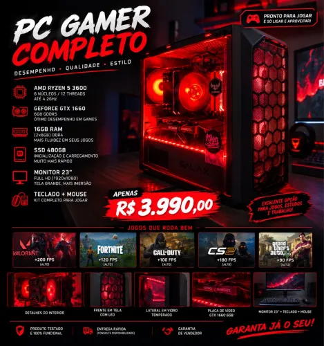 Pc gamer completo, monitor e periféricos