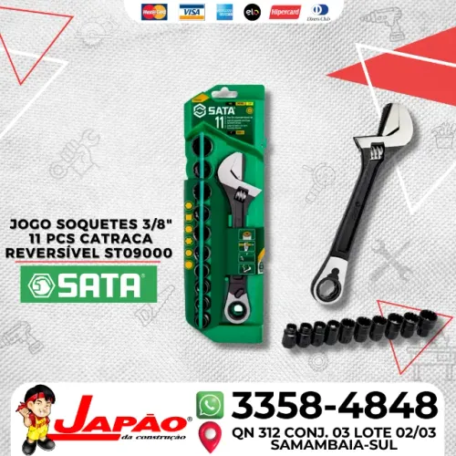 Jogo de Soquetes 3/8" 11Pcs + Chave Catraca Mandíbula Reversível Sata