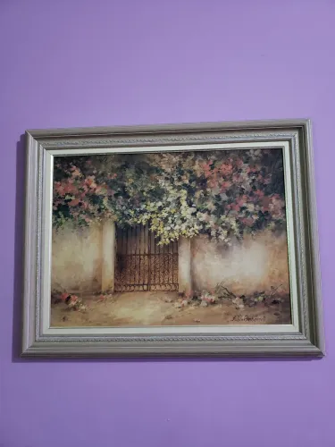 Quadro Decorativo Floral com Moldura de madeira com detalhes Dourado 