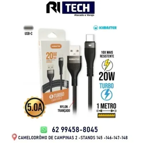 Cabo Tipo C 1m Turbo 20W CB752C Kimaster 1 Ano de Garantia