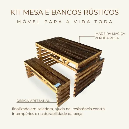 Kit mesa com bancos ripados em madeira maciça peroba rosa rústico 