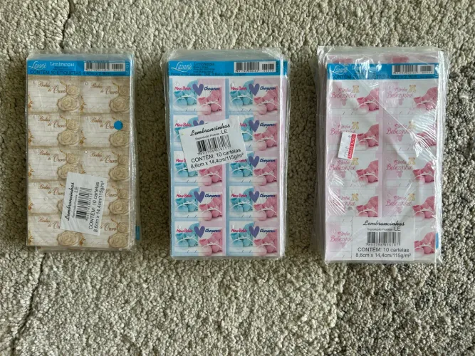 Etiquetas nascimento azul/rosa e Bodas de Ouro cartela R$3,00