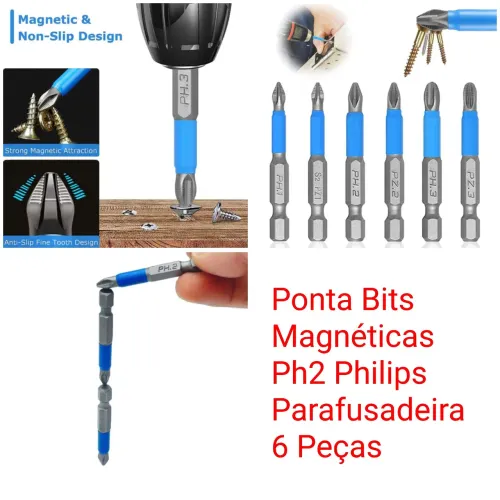 Ponta Bits Magnéticas Ph2 Philips Parafusadeira 6 Peças