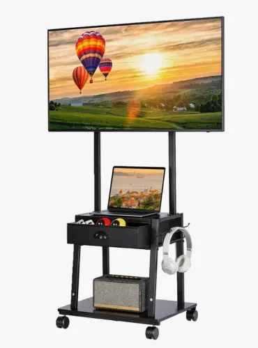 Suporte pedestal para tv de 32 a 65 com armário e rodinhas