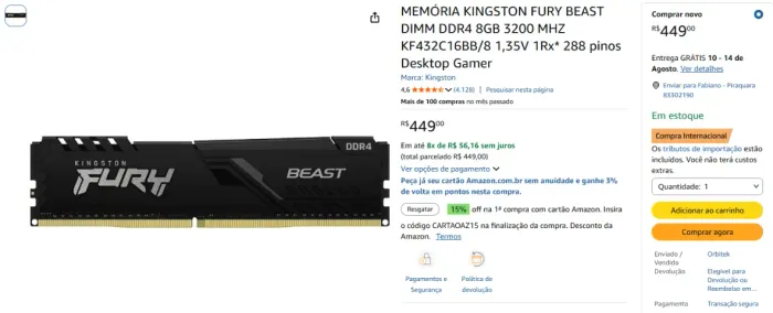 MEMÓRIA RAM 8GB 3200 MHZ