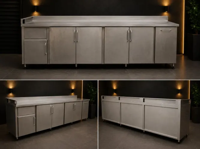 Balcão Inox Industrial 3,10m Completo c/ Lixeira Embutida | Restaurante Hamburgueria