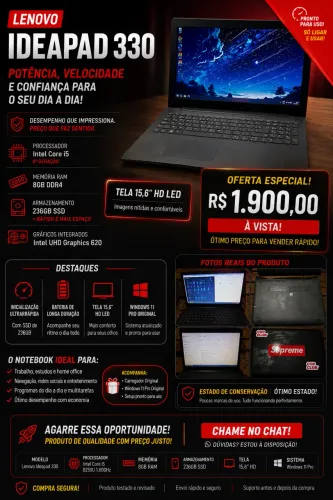 ? Lenovo IdeaPad 330 | Intel Core i5 8ª Geração | 8GB RAM | SSD 236GB |