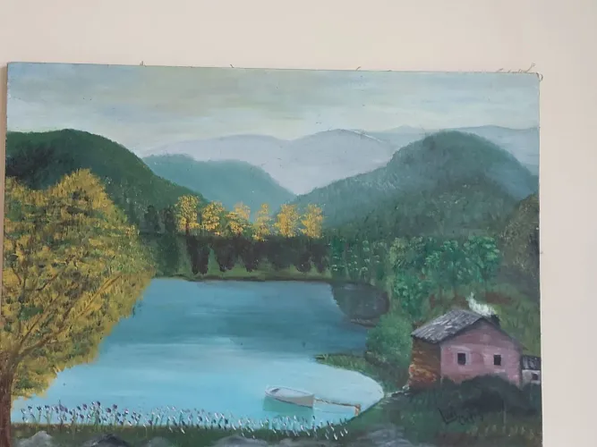 Quadro pintado à mão em tela - paisagem com lago