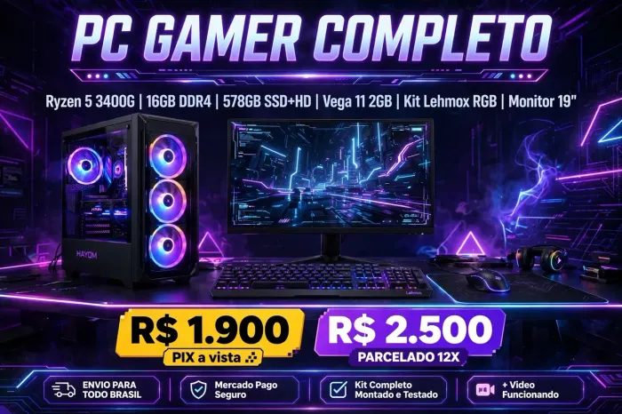 PC Gamer Completo RGB Ryzen 5 3400G 16GB 578GB SSD+HD Kit Lehmox - Envio Imediato