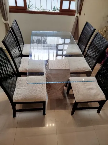 Mesa de jantar tampo vidro base mármore com 6 cadeiras