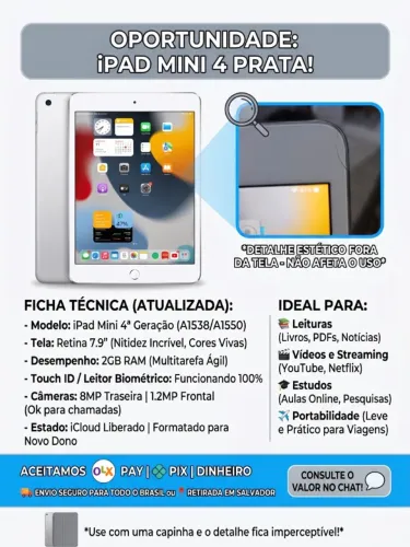 iPad Mini 4 Prata - 2GB RAM | Funcionando 100% (Pequeno Detalhe na Borda)