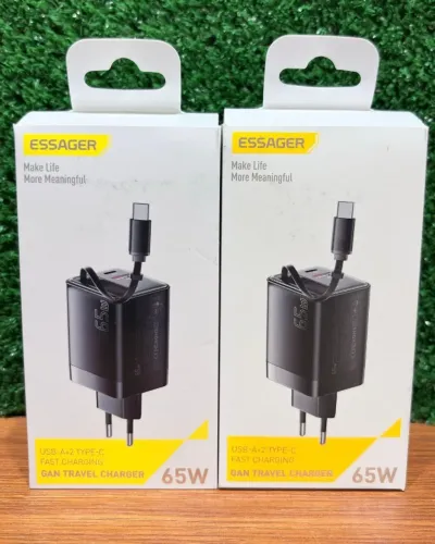 Carregador Turbo Essager 65W GaN - USB-C e USB-A, Cabo Retrátil - Novo, Entrega Grátis