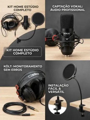 Kit Home Estudio Microfone Condensador Vokal + Fone Kolt + Pop Filter