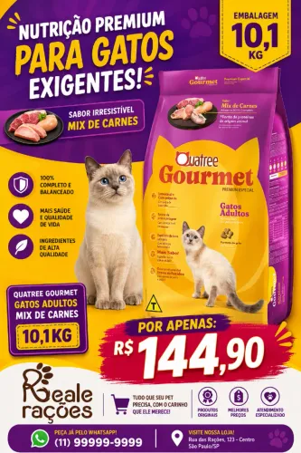Ração Quatree Gourmet Gatos adultos mix de carnes 10,1kg + entrega grátis