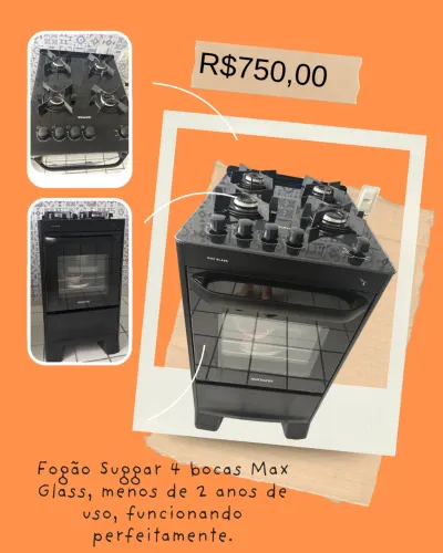 Fogão Suggar 4 bocas Max Glass, menos de 2 anos de uso, funcionando perfeitamente.