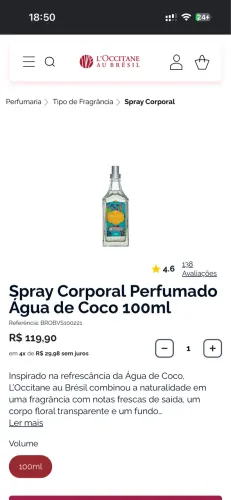 Vendo Spray Corporal Água de Coco L?occitane