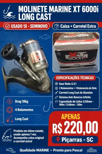 *? MOLINETE MARINE SPORTS XT 6000i LONG CAST - SEMI NOVO - USADO 1X SÓ*