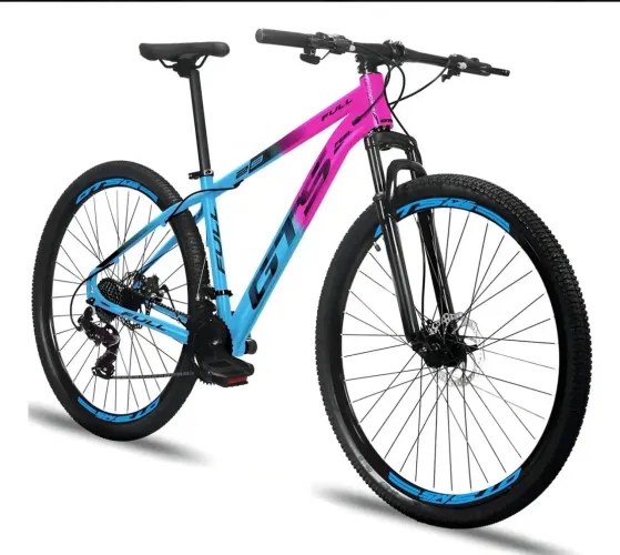 Bicicleta aro 29 GTS feel full 24 marchas, freio a disco, cor rosa e azul.
