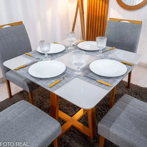 Mesa de Jantar Bali 90×90 Vidro Off/Base Madeira Minas Plac + 4 Cad. Isabela Linho Cinza