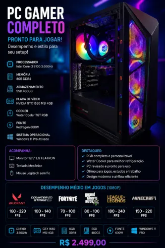 PC GAMER COMPLETO - i3 8100 + GTX 1650 + WATER COOLER