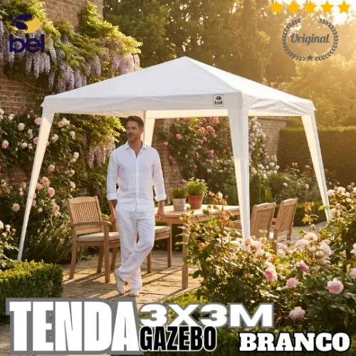TENDA GAZEBO 3X3M EM RÁFIA UV 60% CORES AZUL LISA, VERDE LISA, BRANCA LISA OU LIST