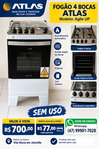 Fogão Atlas - piso - NOVO- 4 bocas Agile UP - Branco- acend. autom.- grade dupla no forno