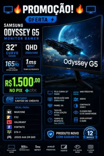 Monitor Gamer Samsung Odyssey G5 32" Curvo QHD 165Hz