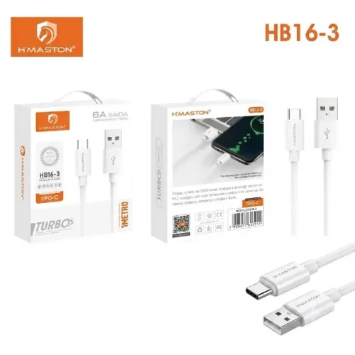 Cabo de Dados e Carregamento Rápido USB Tipo-C H'maston HB16-3 6A 1 Metro Turbo pode retir