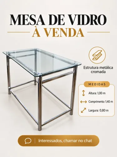 Mesa de vidro com estrutura metálica cromada