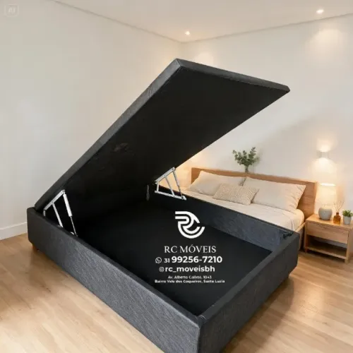 Cama Box Baú Casal 1,38x1,88 Inteiriço Pistão a Gás Suede Bege Durável