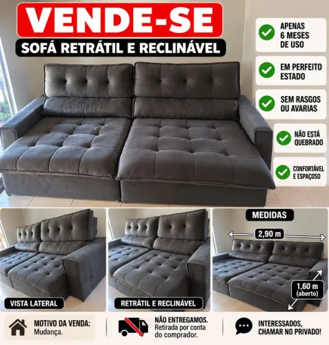 Sofá Retrátil e Reclinável 2,90m - Estado de Novo, Sem Rasgos ou Avarias