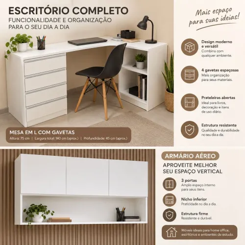 Mesa com bancada/Gavetas e Armário para escritório