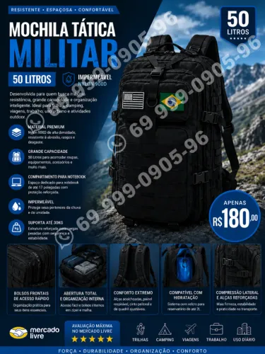 Mochila Tática Militar Impermeável Reforçada 50 L