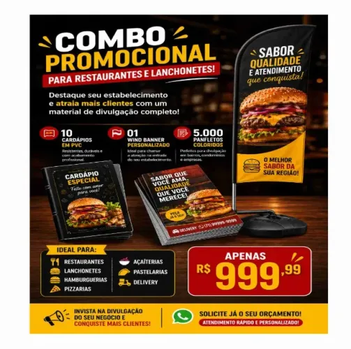 ´Promoção restaurantes e pizzaria:wind banner + 5000 panfletos + 10 cardápio pvc