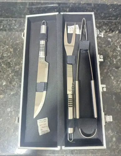 Kit Churrasco 3 Peças Aço Inox com Maleta