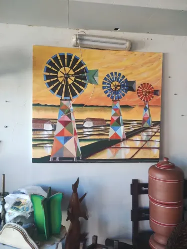 Pintura acrílica retratando salinas de São Pedro da Aldeia, Edson Santos