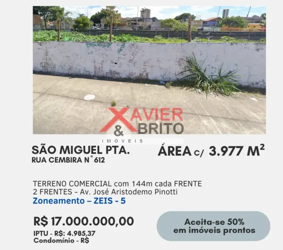 Terreno à venda em São Miguel Paulista com 3.977m2 e duas frentes Zoneamento ZEIS 5 com p