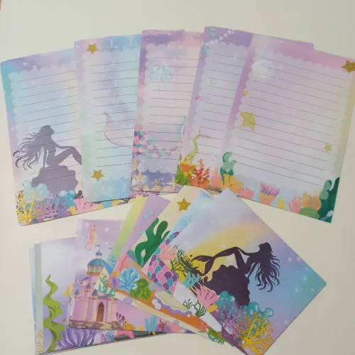 Conjunto de 10 papéis de carta e 10 envelopes sereia