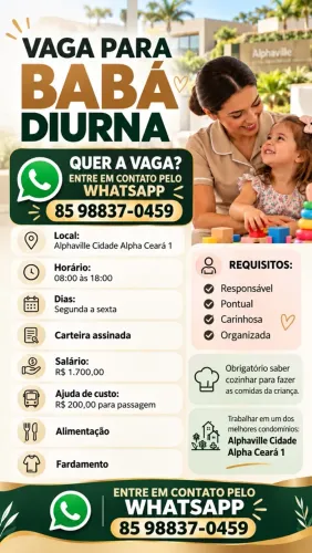 ? VAGA DE EMPREGO ? BABÁ DIURNA No Alphaville