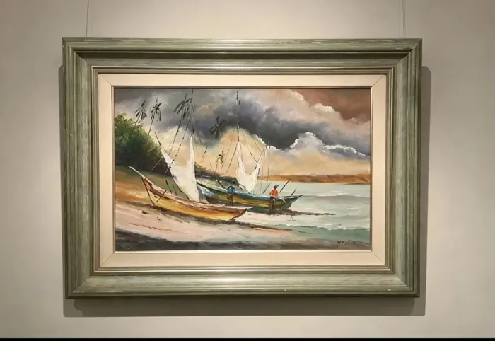 Quadro tema: Paisagem praiana com barcos pesqueiros e pescadores