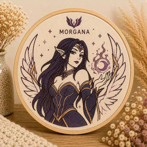 Quadro bordado Morgana em bastidor League Of Legends 14cm.