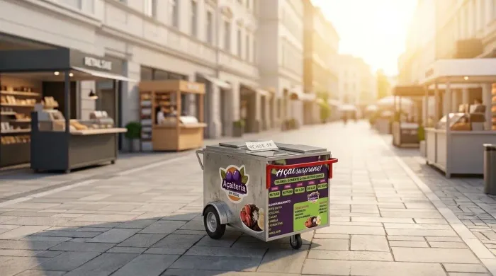 Carrinho Ambulante de Açaí e Sorvete em Aço Inox + Guarda-Sol
