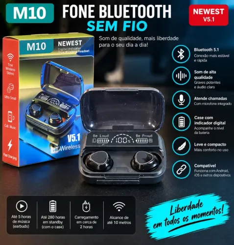 Fone Bluetooth M10 TWS V5.1 Sem Fio com Case e Indicador Digital