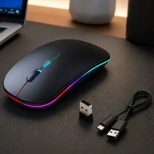 Mouse Sem Fio Recarregável Ergonômico Led Rgb PC Tablet Cor Preto (NOVO LACRADO)