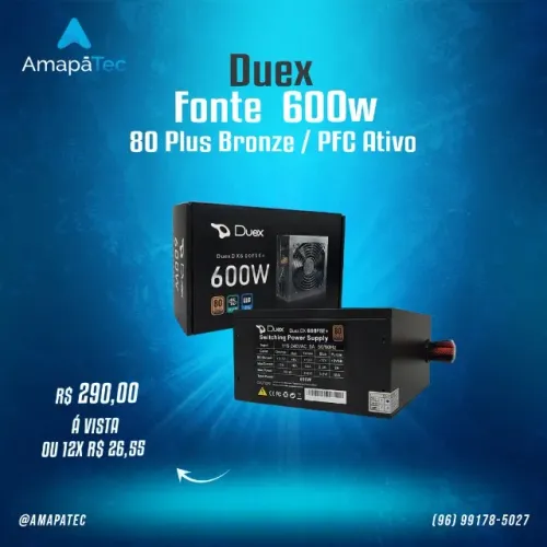 Fonte Duex 600W 80 Plus Bronze PFC Ativo