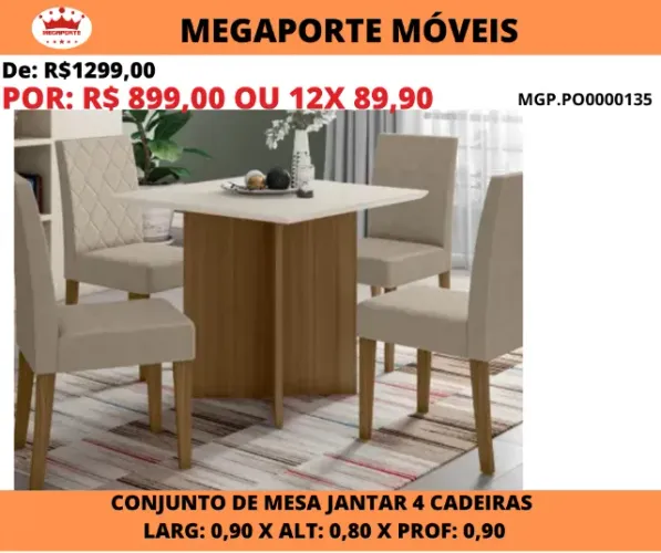 Conjunto de Mesa 0,90x0,90 com 4 Cadeiras