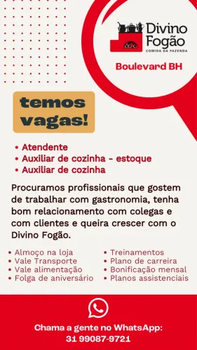 Vagas Restaurante DIVINO FOGÃO (atendente, estoque e auxiliar de cozinha)