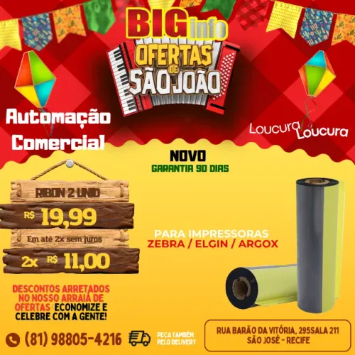 Kit 2 Ribbon Cera 110x74 Impressora Térmica