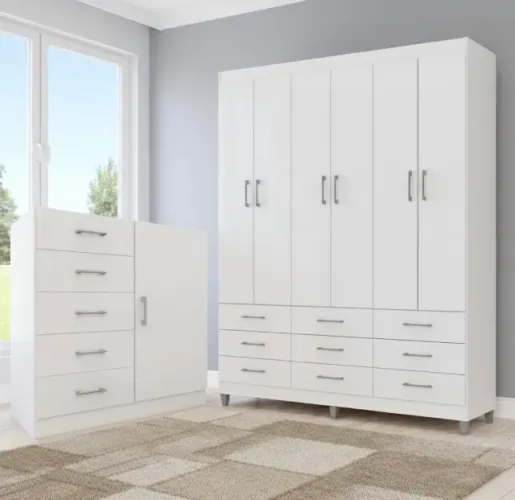 Conjunto Guarda-Roupa Casal 6 Portas com Cômoda Sapateira Paraty
