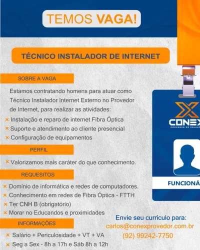 Vaga Técnico instalador de Internet Provedor